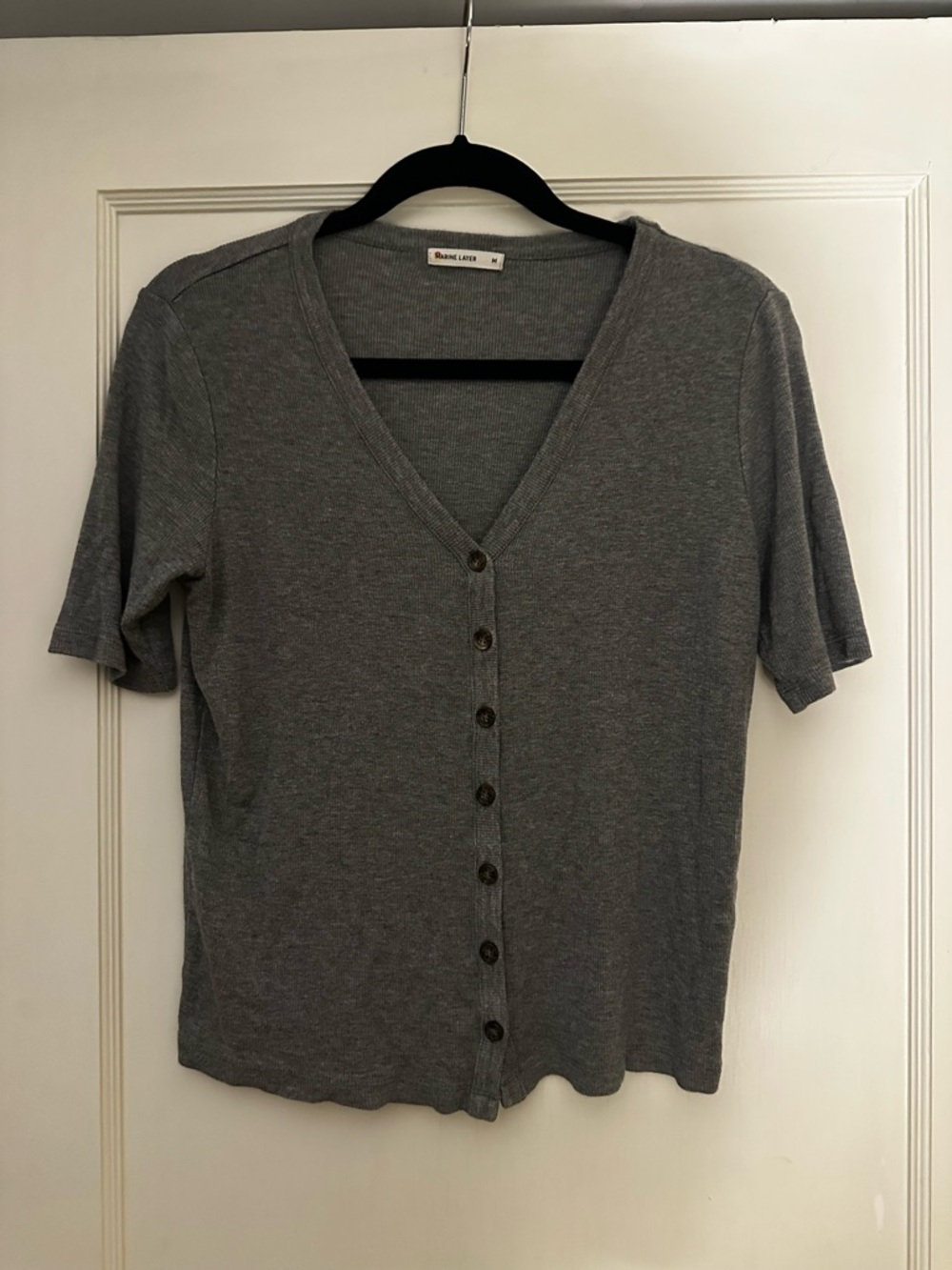 Marine Layer Lexi Gray Short-Sleeve Button V-Neck Ribbed Top